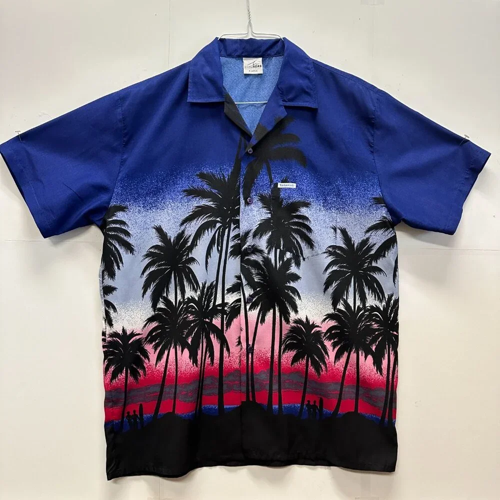 High Seas Resort Wear Palm Tree Sunset Shirt Blue Pink Bahamas XL Vintage 80s - Picture 2 of 7